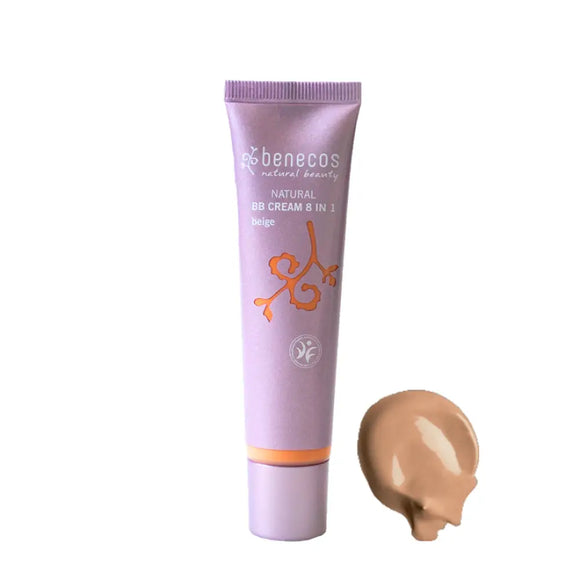 Purple tube of Benecos natural BB cream with a sample of the product’s beige-colored formula beside it.