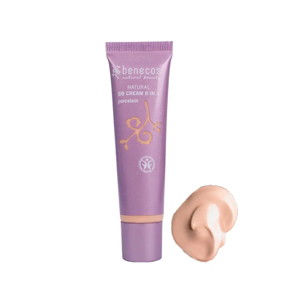 Purple tube of Benecos BB cream with a swatch of beige-colored product beside it.