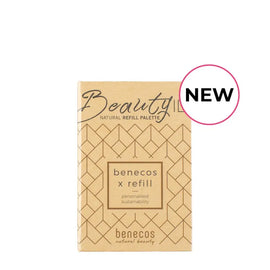 Natural refill palette for beauty products in eco-friendly packaging with geometric patterns.