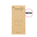 Beige cardboard packaging for a beauty product refill with geometric patterns and a ’NEW’ label.