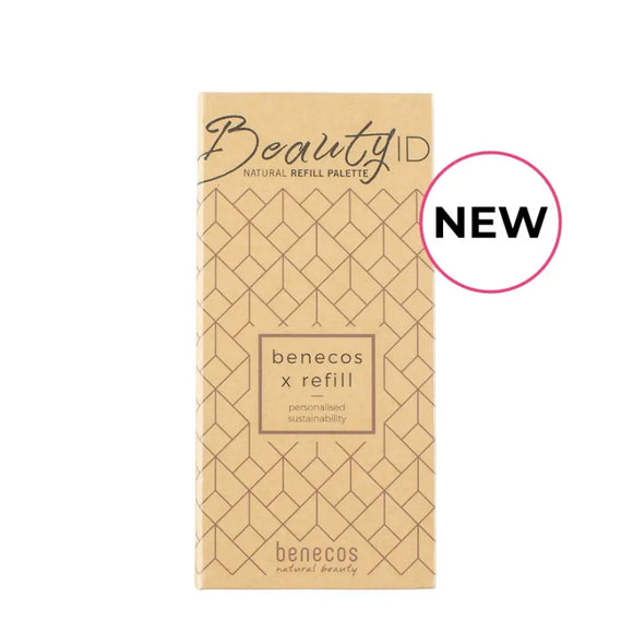 Beige cardboard packaging for a beauty product refill with geometric patterns and a ’NEW’ label.