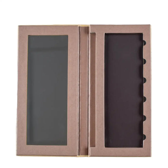 Empty makeup palette with a mirror and slots for cosmetic products.