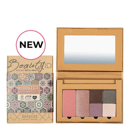 Makeup palette with eyeshadows and blush in a cardboard packaging featuring a Moroccan-inspired design.