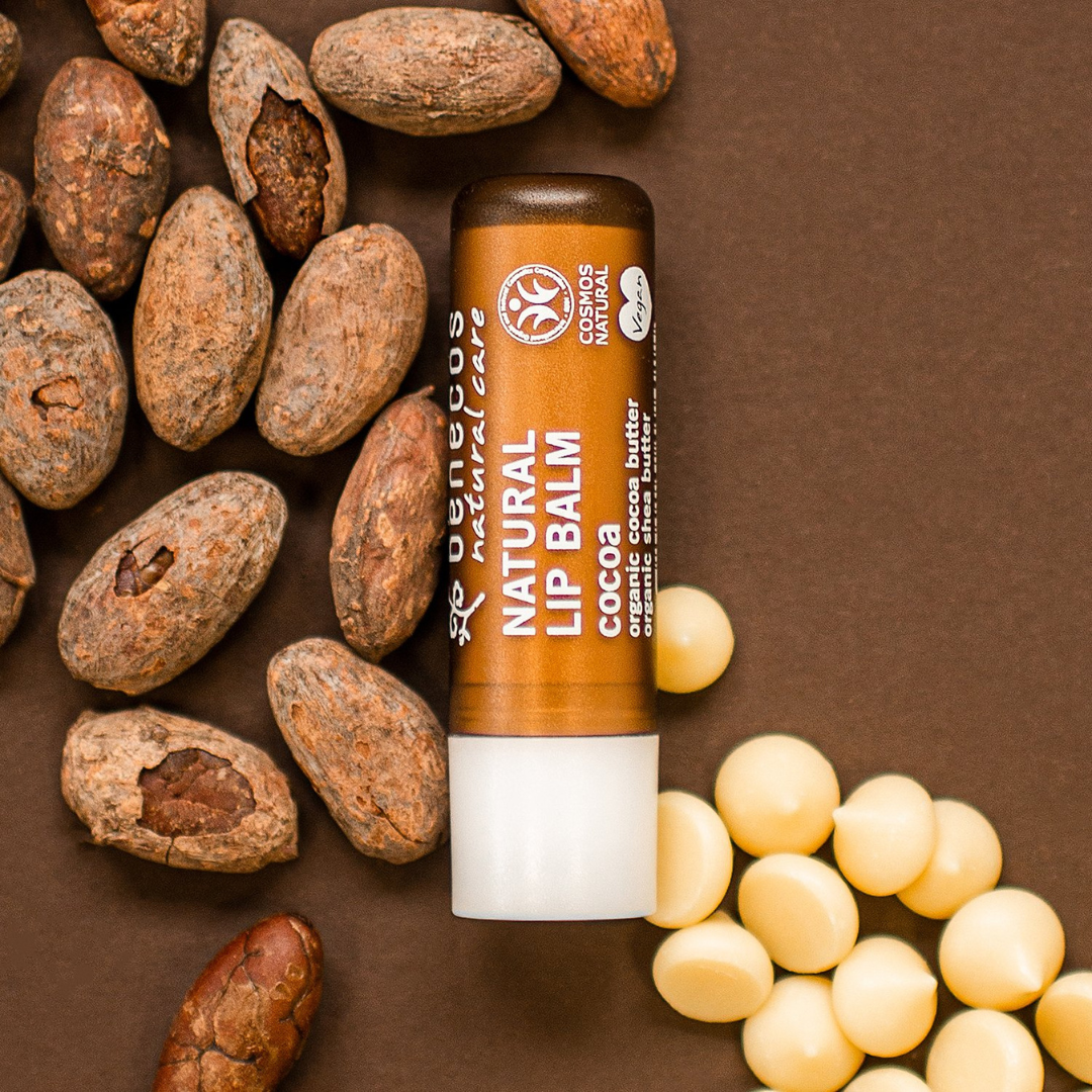 benecos natural lip balm cocoa key ingredients, cocoa beans