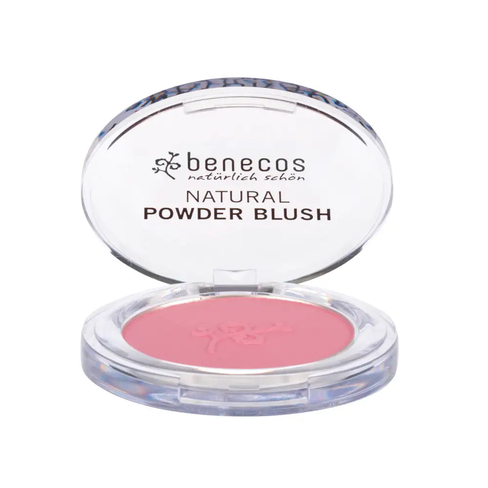 Pink powder blush compact in clear plastic packaging from the Benecos natural cosmetics brand.