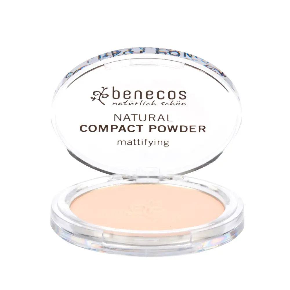 Benecos natural mattifying compact powder in a clear plastic case.