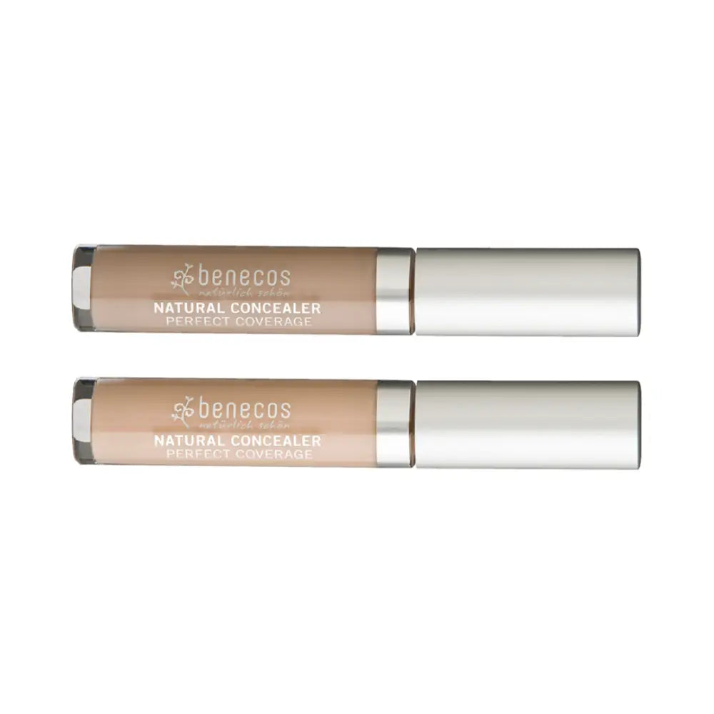 Two Benecos natural concealer tubes in beige shades with silver caps.