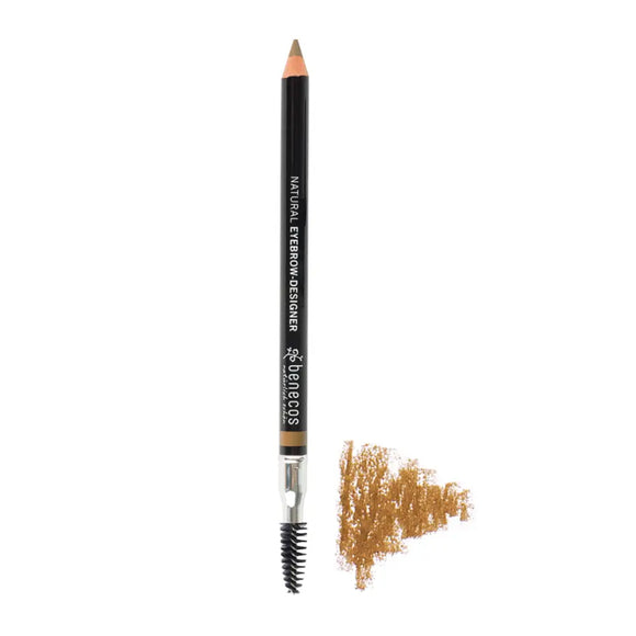 Black eyebrow pencil with a spoolie brush end and brown color swatch.