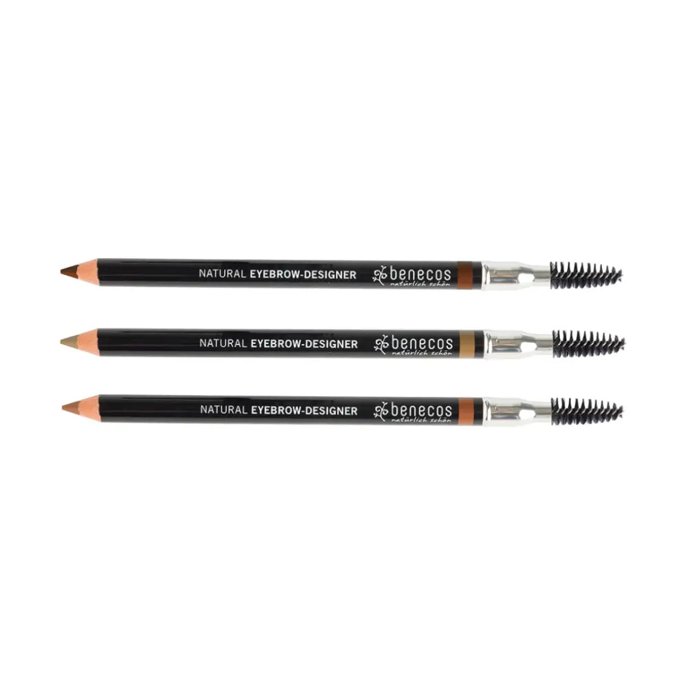 Three black eyebrow pencils with spoolie brushes on the ends.