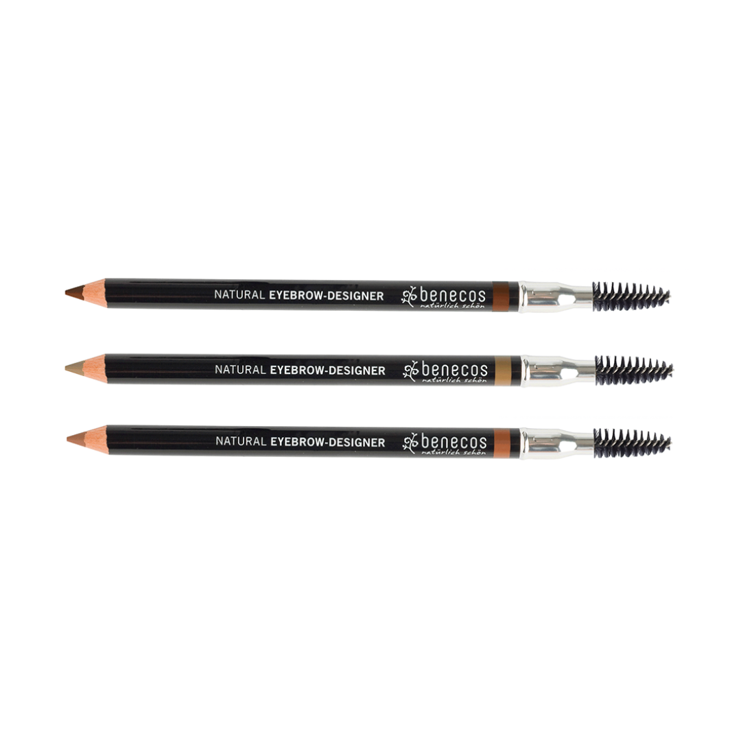 benecos natural makeup eyebrow designer pencil and brush, three colours displayed