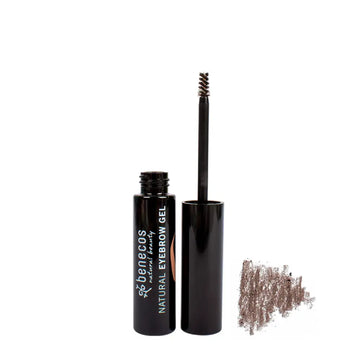Black eyebrow gel with a spiral brush applicator and brown color swatch.