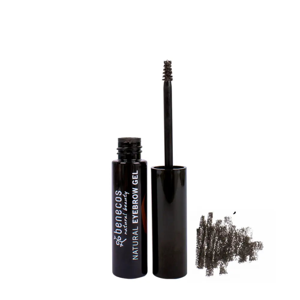 Black eyebrow gel with mascara wand applicator and powder swatch.