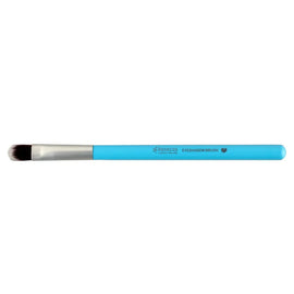 Light blue makeup brush with a silver handle and black bristles.