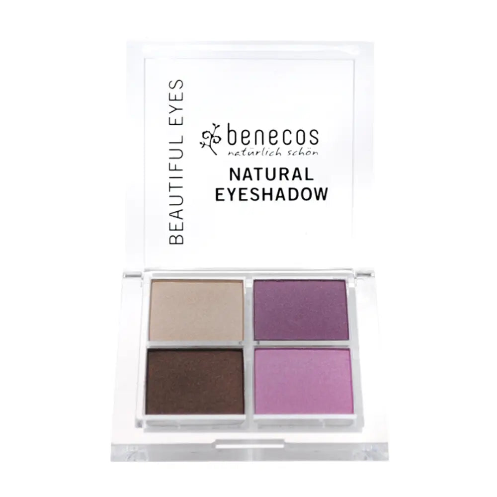 Natural eyeshadow palette with four shades in beige, brown, and purple tones.