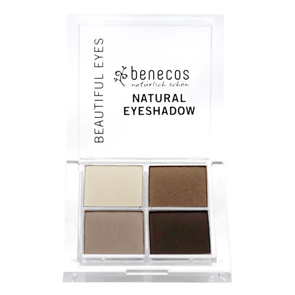 Natural eyeshadow palette with four neutral brown and beige shades.
