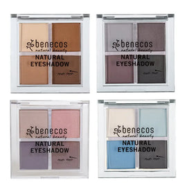 Four Benecos natural eyeshadow palettes featuring different color combinations in compact cases.