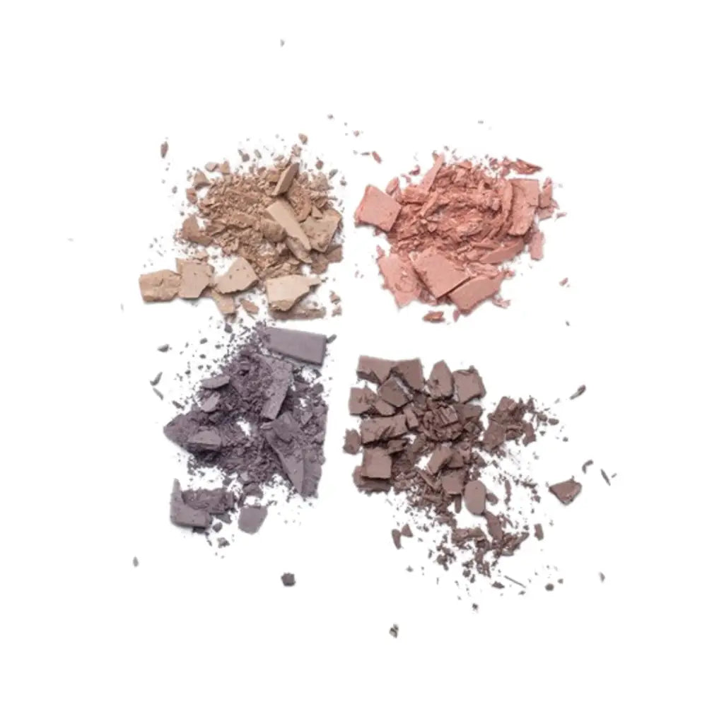 Crushed eyeshadow powders in beige, pink, purple, and brown shades.