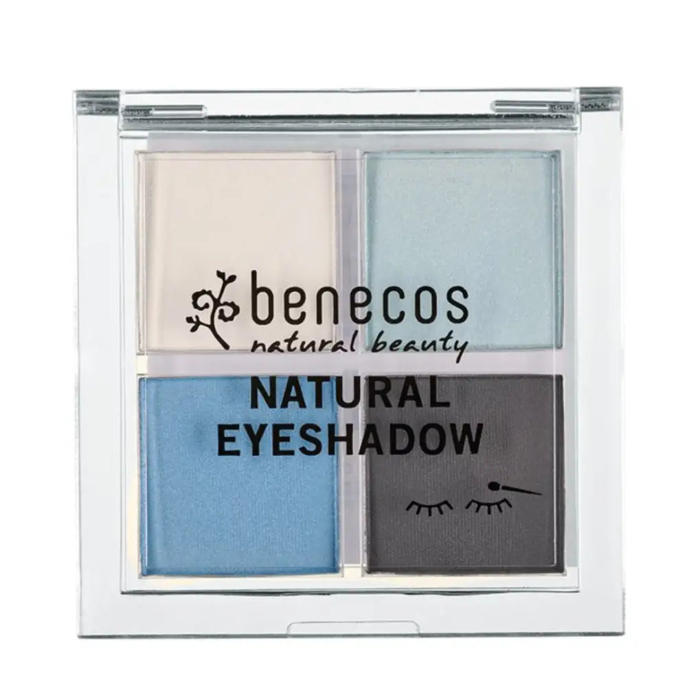 Four-color natural eyeshadow palette from Benecos featuring beige, mint, blue and grey shades.