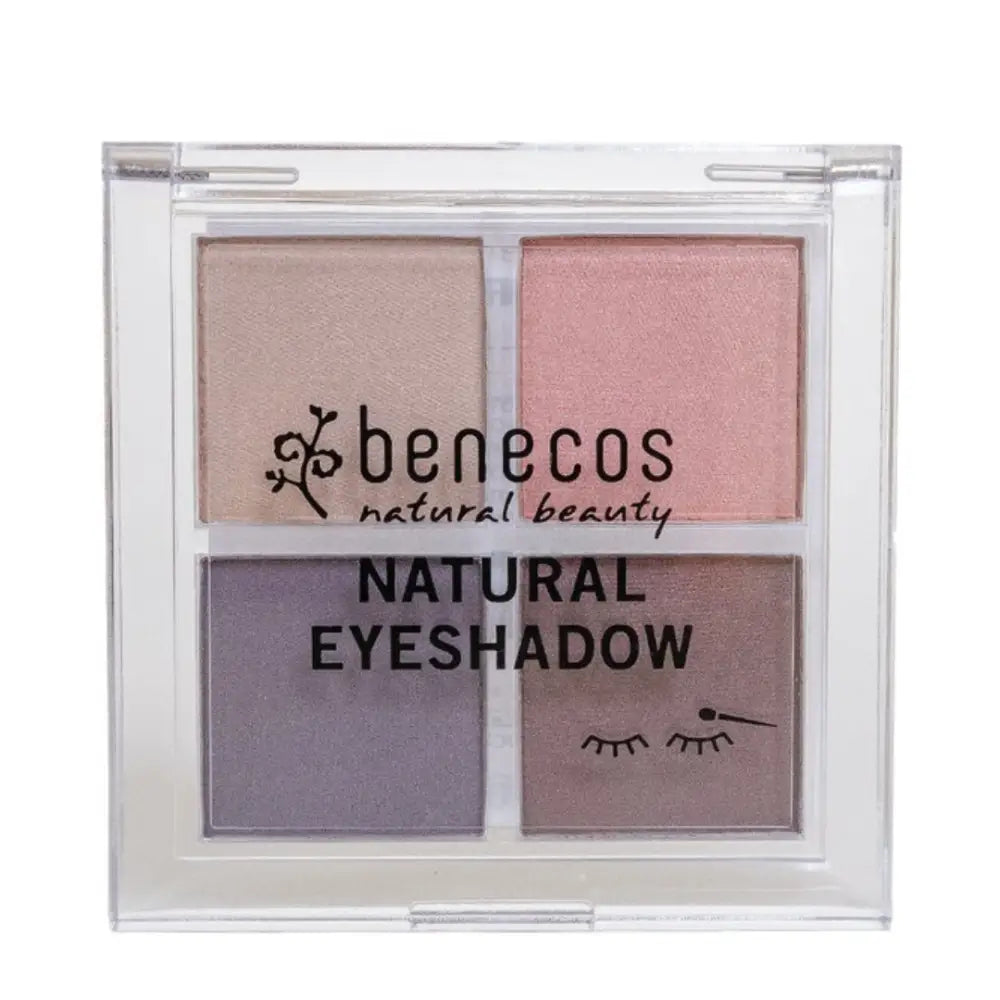 Benecos natural beauty eyeshadow quad palette with pink and purple tones.