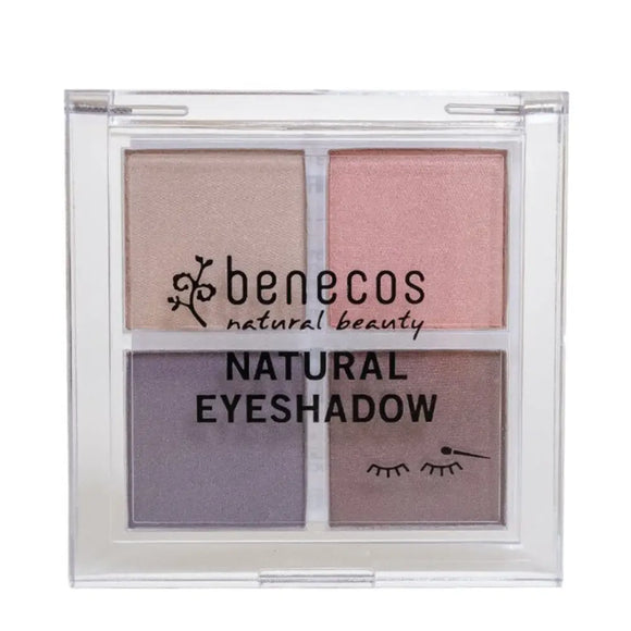 Benecos natural beauty eyeshadow quad palette with pink and purple tones.