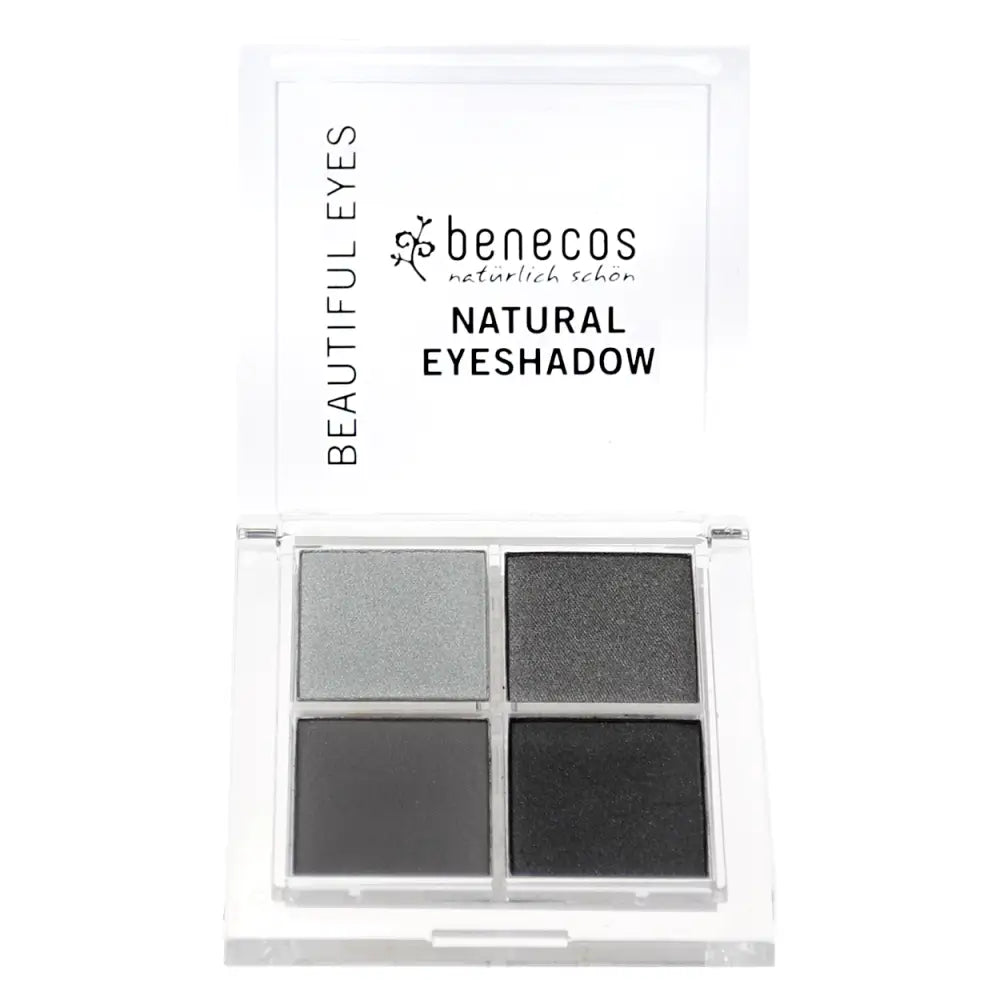 Benecos natural eyeshadow palette containing four gray and black shades.