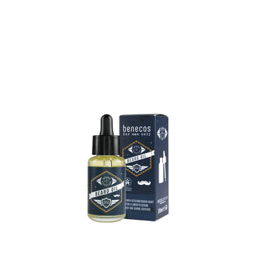 Beard oil bottle with dropper and its navy blue packaging box featuring an eye logo design.