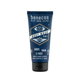Navy blue tube of Benecos 3-in-1 body wash for men, designed for body, hair, and face use.