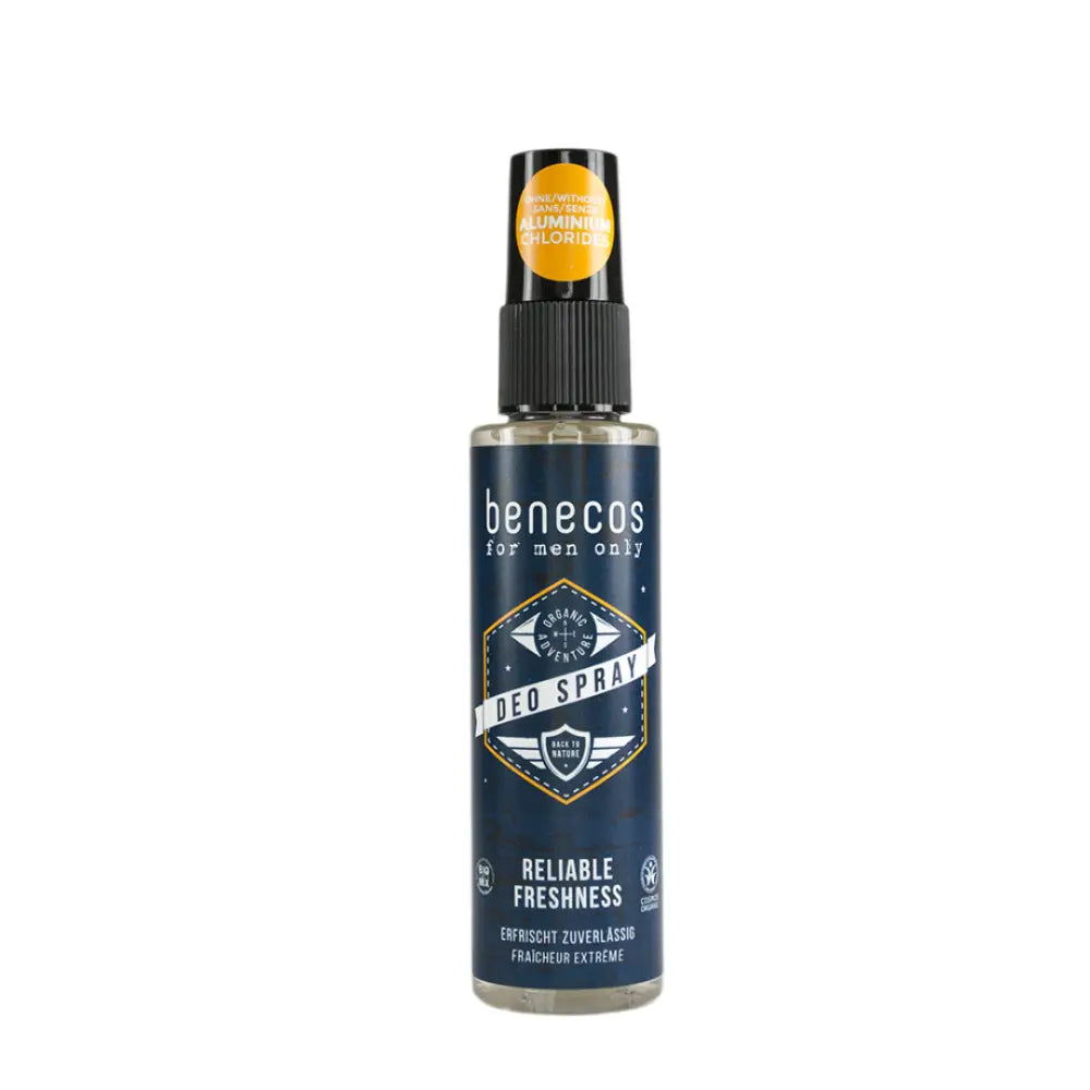 Black spray bottle of Benecos men’s facial toner with blue and white graphic design.