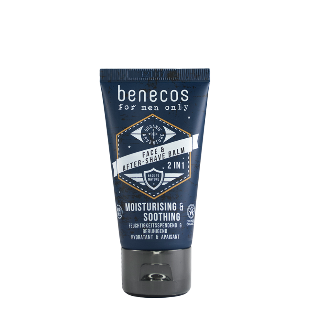 Tube of Benecos men’s moisturizing and soothing facial after shave balm.