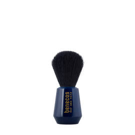 Blue-handled shaving brush with black bristles.