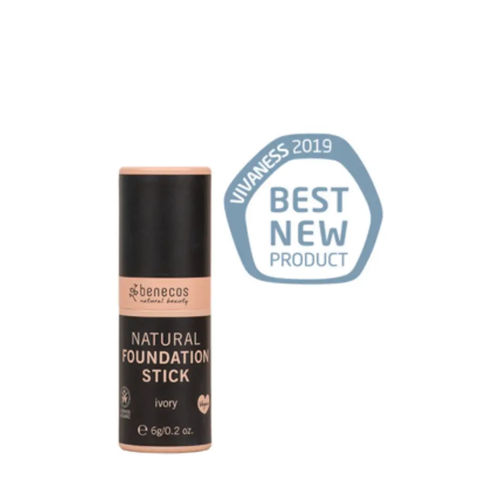 Natural foundation stick in ivory shade with a ’Best New Product 2019’’ award badge.