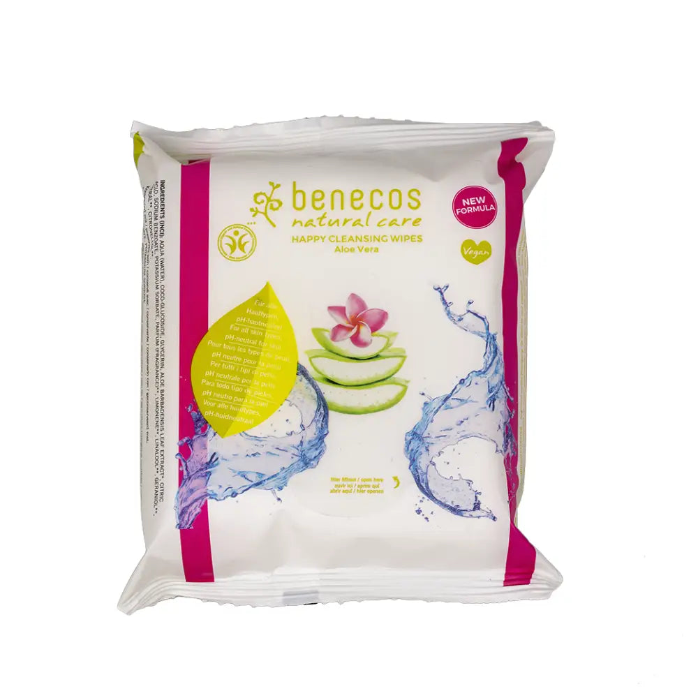 White package of Benecos natural care wipes with pink and yellow accents and water splash graphics.