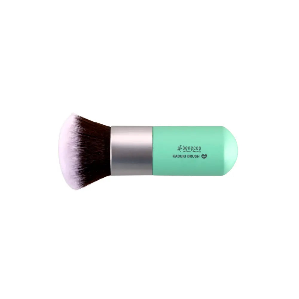 Mint green and silver makeup brush with black bristles.