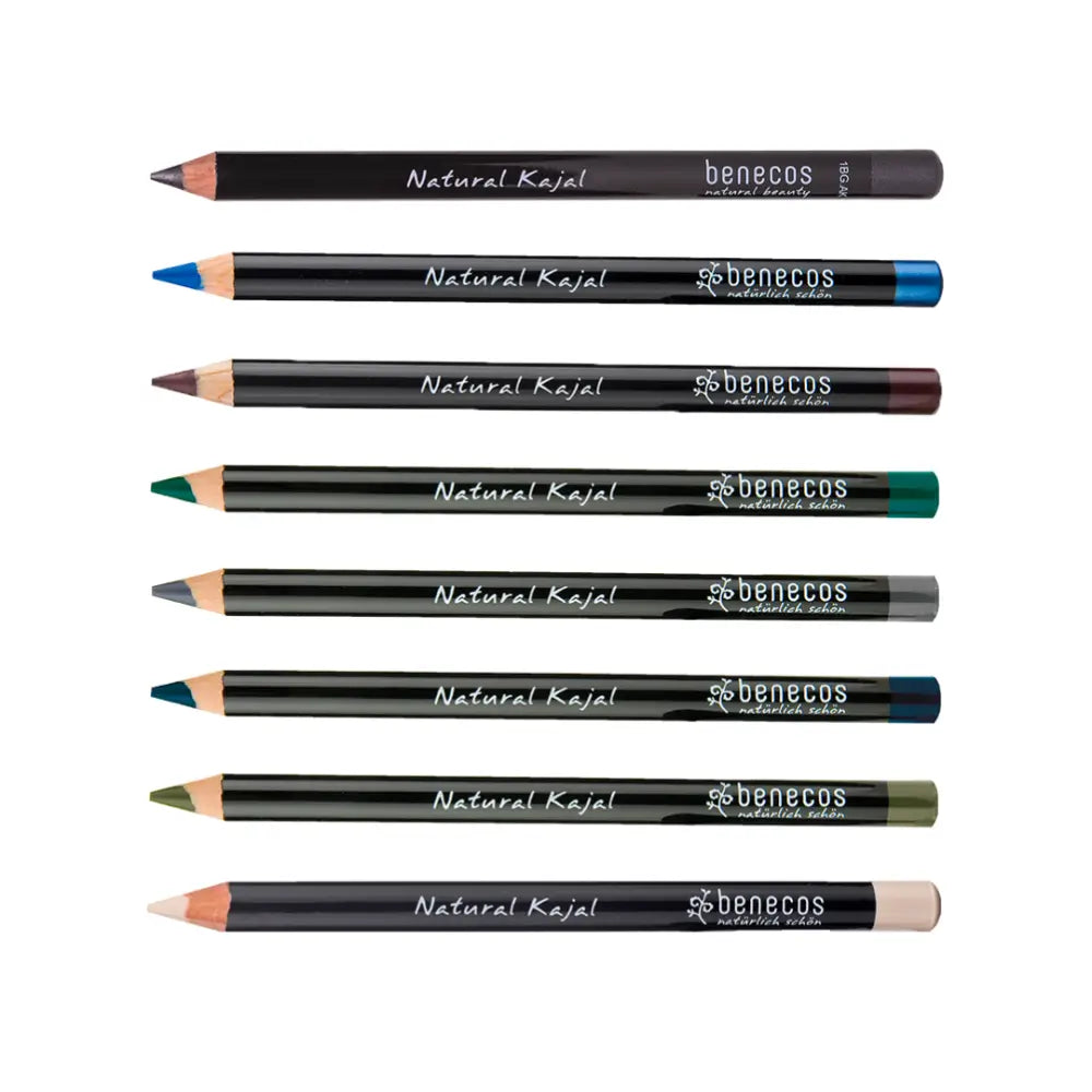 Collection of Benecos natural kajal eyeliner pencils in different colors.