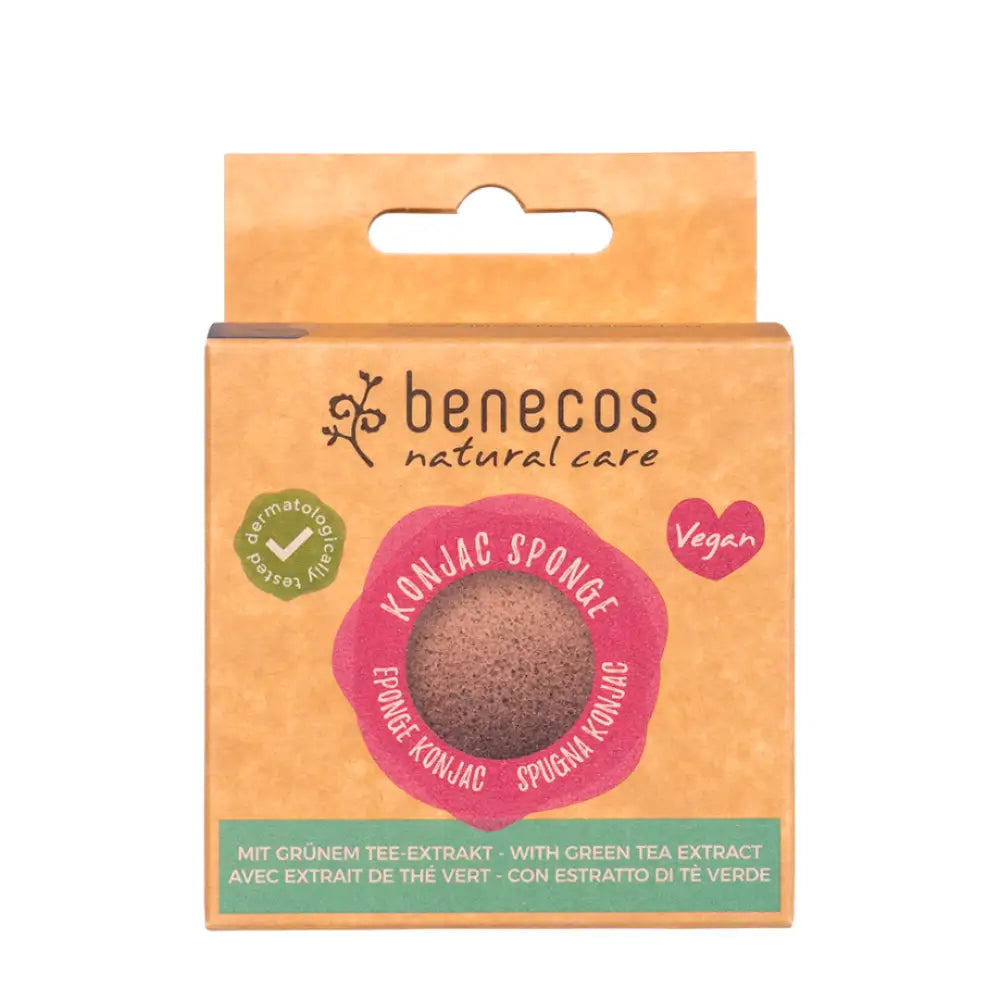 Natural konjac sponge with green tea extract in orange retail packaging.