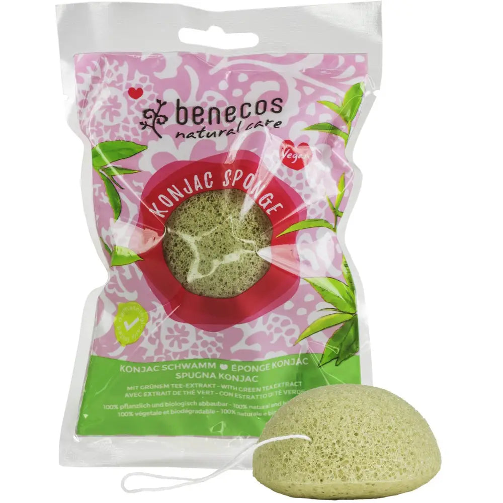 Green konjac sponge with its retail packaging.