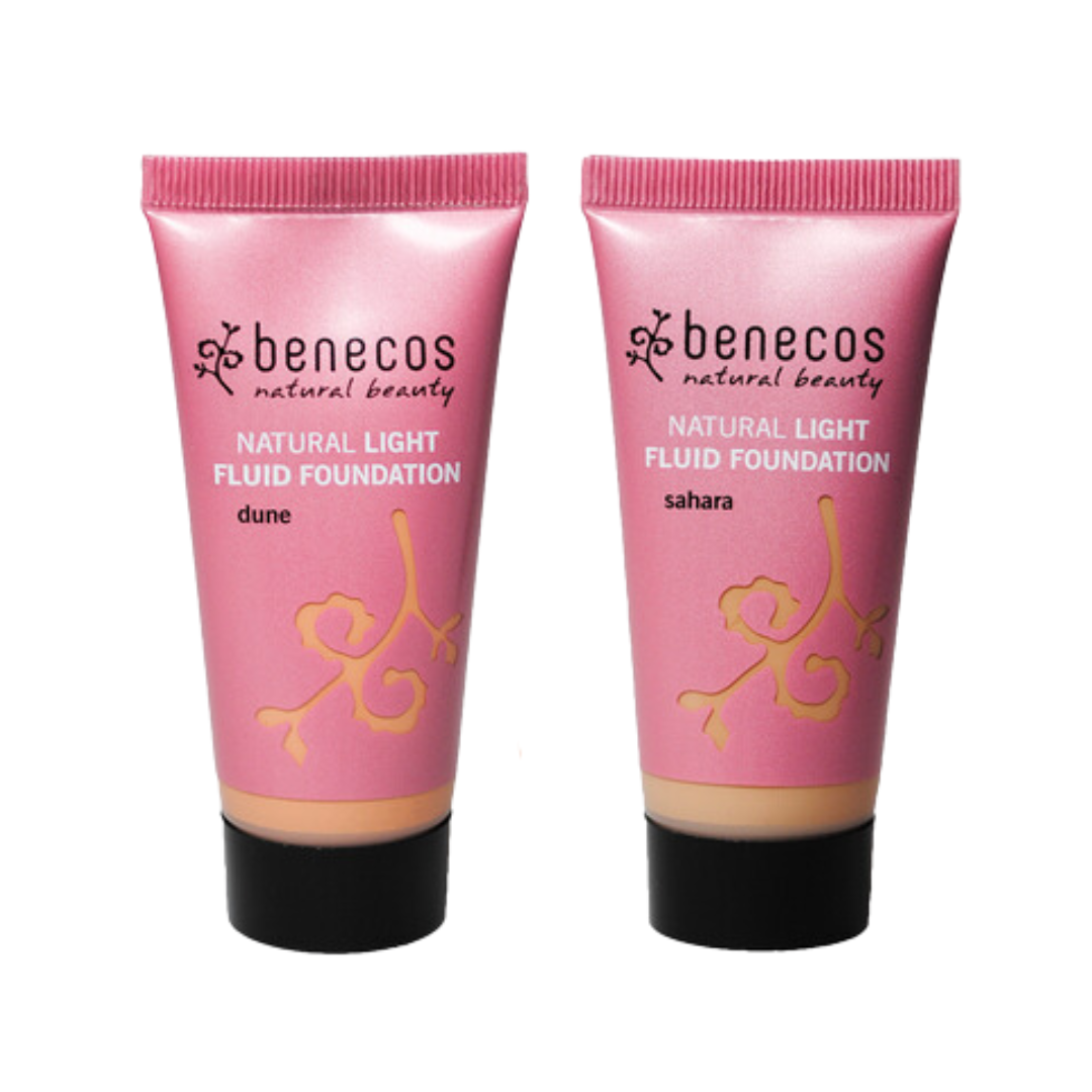 benecos natural makeup liquid foundation, two colours of dune and sahara.