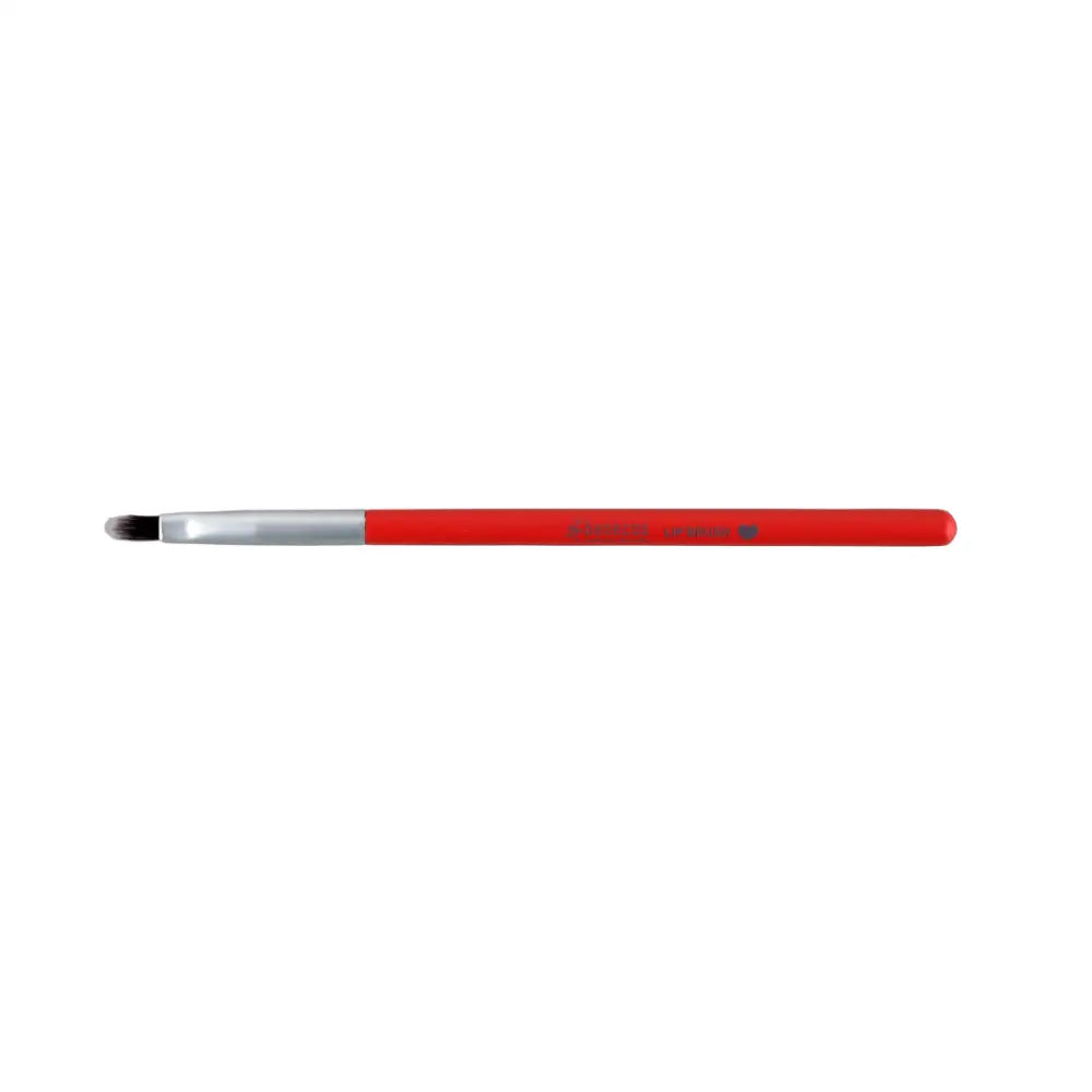 Red and silver makeup brush with angled bristles.