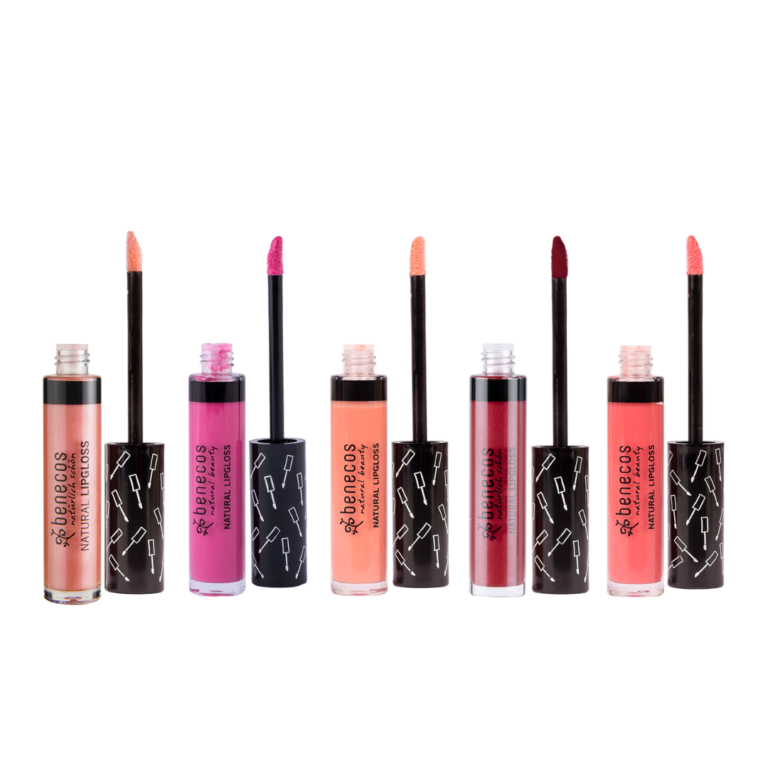 benecos natural makeup lipgloss, 5 different colours with lip-wand opened.