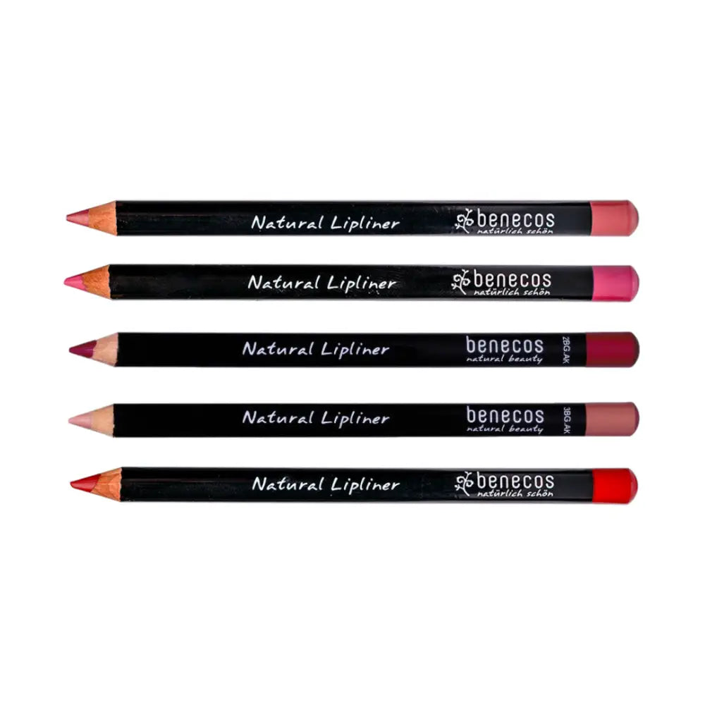 Five black natural lip liner pencils in different shades of pink and red.