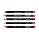 Five black natural lip liner pencils in different shades of pink and red.