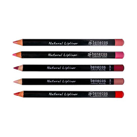 Five black natural lip liner pencils in different shades of pink and red.