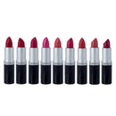 Nine Benecos brand lipsticks in various shades of red and pink arranged in a row.