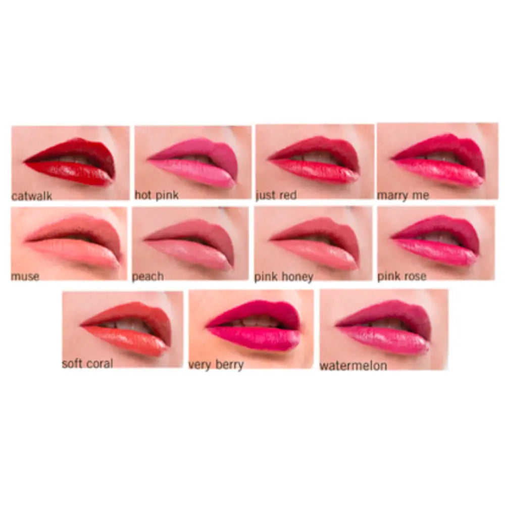 Collection of lipstick swatches in various pink and red shades with their color names labeled.