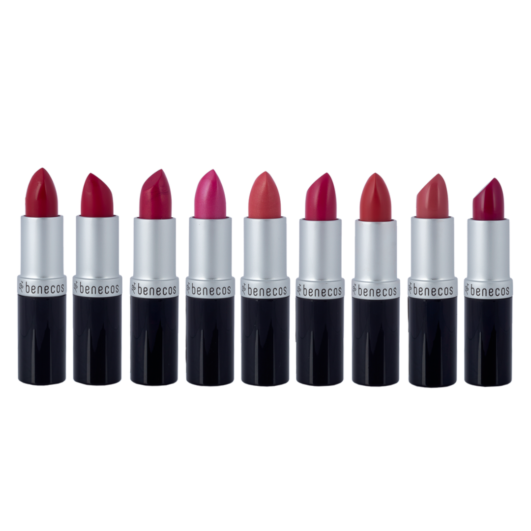 benecos natural makeup lipsticks, all nine colours displayed.