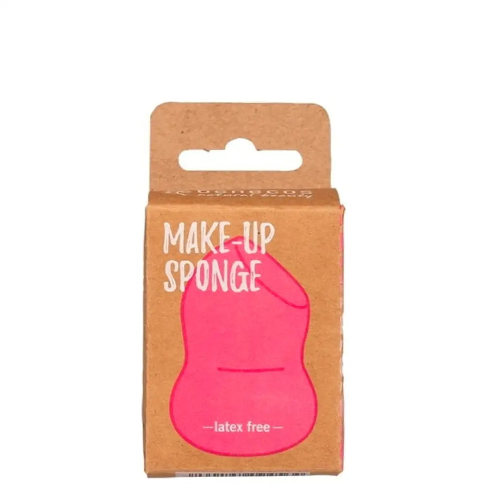 Pink latex-free makeup sponge in orange retail packaging.