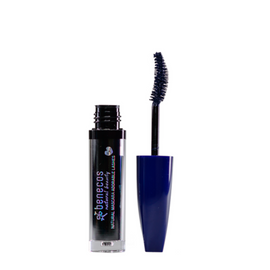 Open tube of dark blue mascara with wand.
