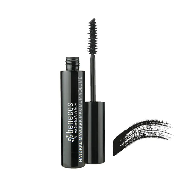 Black mascara tube with a spiral brush wand and a mascara swipe sample.