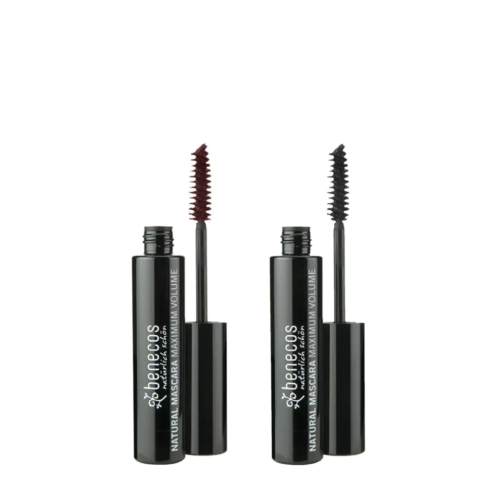 Two black mascara tubes with spiral brushes in brown and black shades.