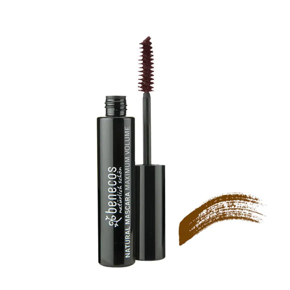 Brown mascara wand and tube with a color swatch.
